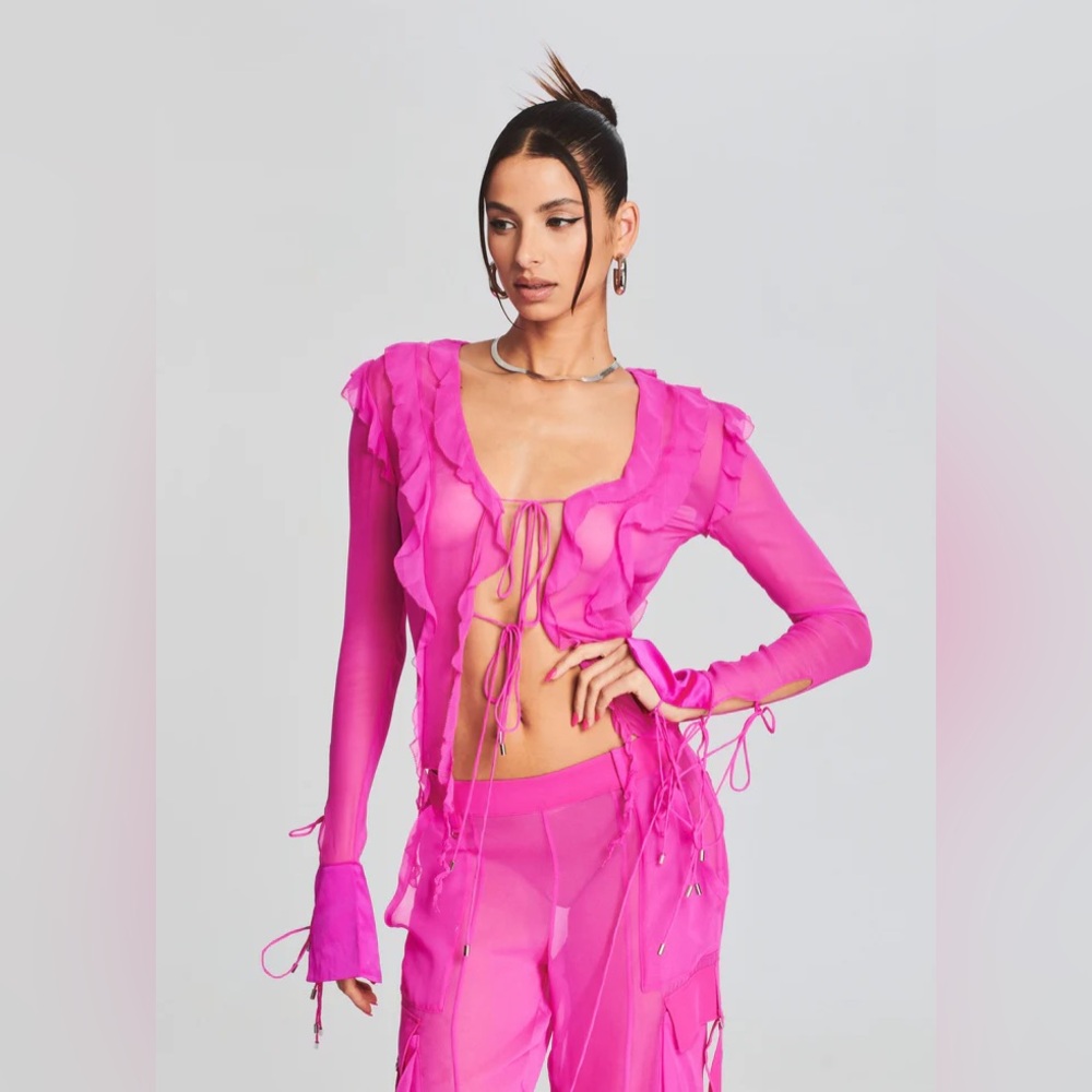 Retrofete Aviva Silk Chiffon Blouse Ruffle Open Tie Neon Pink Fushia